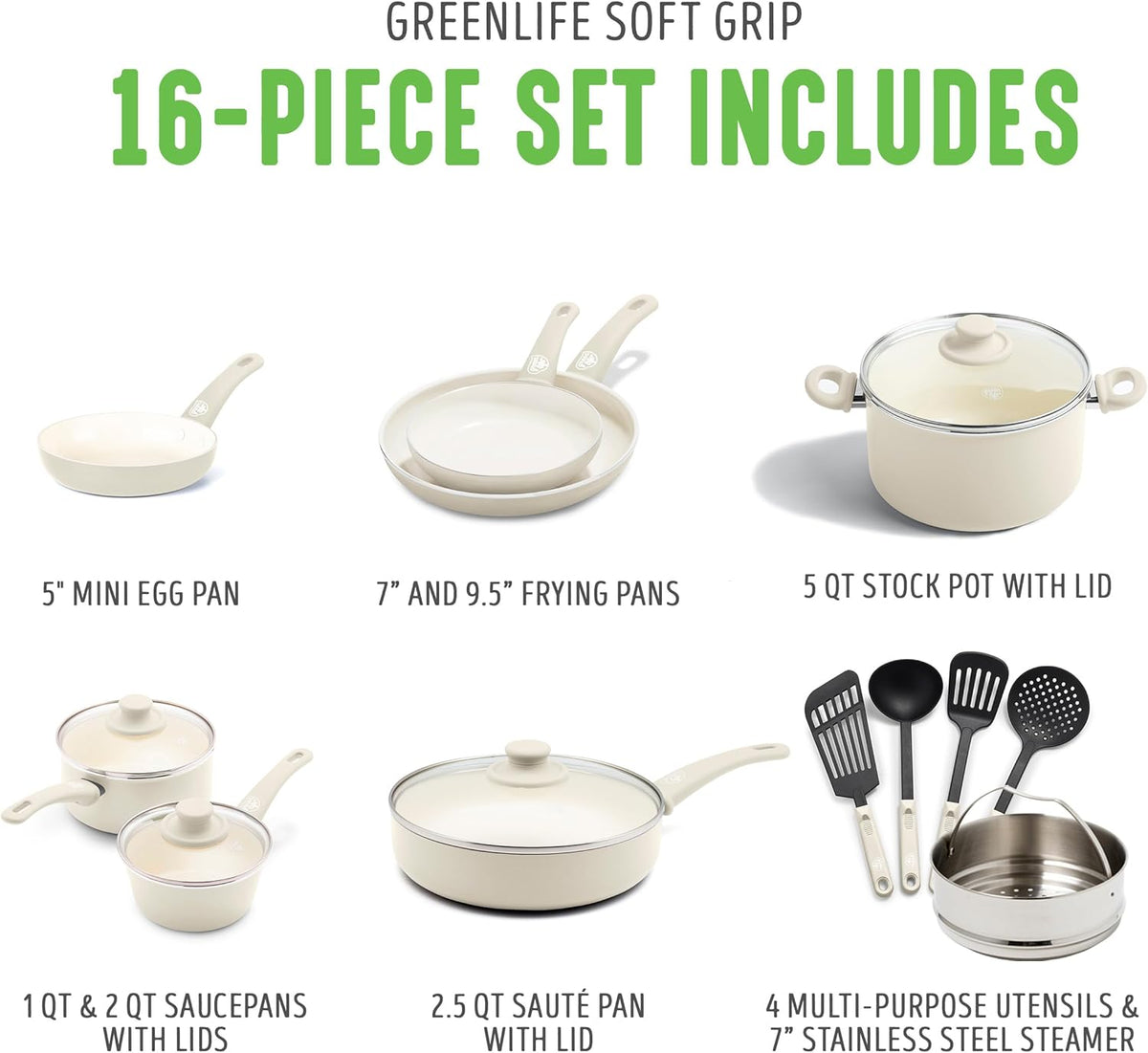 GreenLife Soft Grip 16 Piece Cookware Set, Non-Toxic PFAS-Free Ceramic Nonstick, Frying, Sauce, Saute, Utensils, Glass Lids, Stay-Cool Handles, Wobble Free, Dishwasher & Oven Safe, Cream
