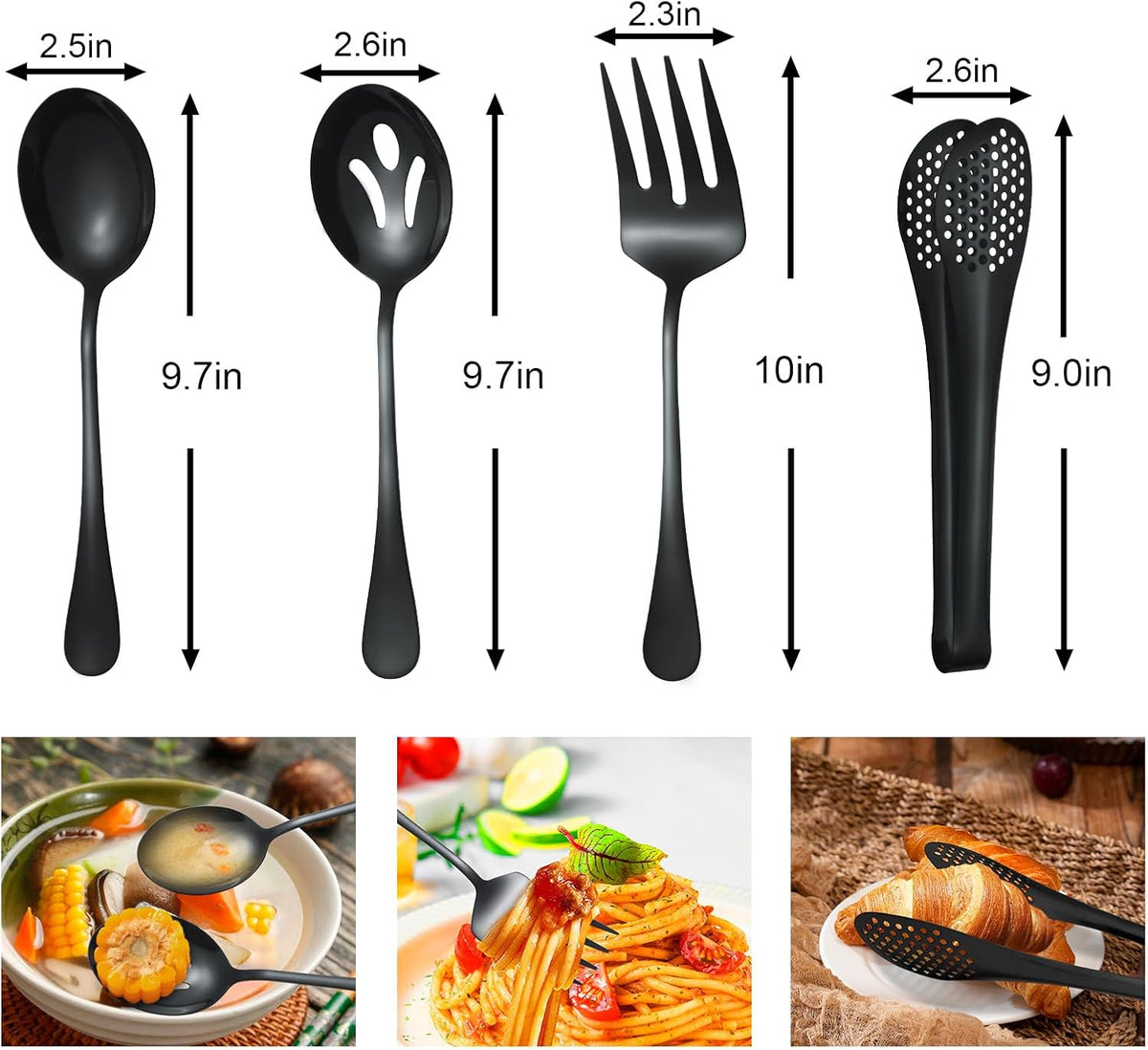Lazycorner Large Serving Utensils,12 Pcs Stainless Steel Serving Set with Serving Spoons,Serving Fork,Serving Tongs,Polished Serving Utensil Set for Buffet Parties Home,Dishwasher Safe(Black)