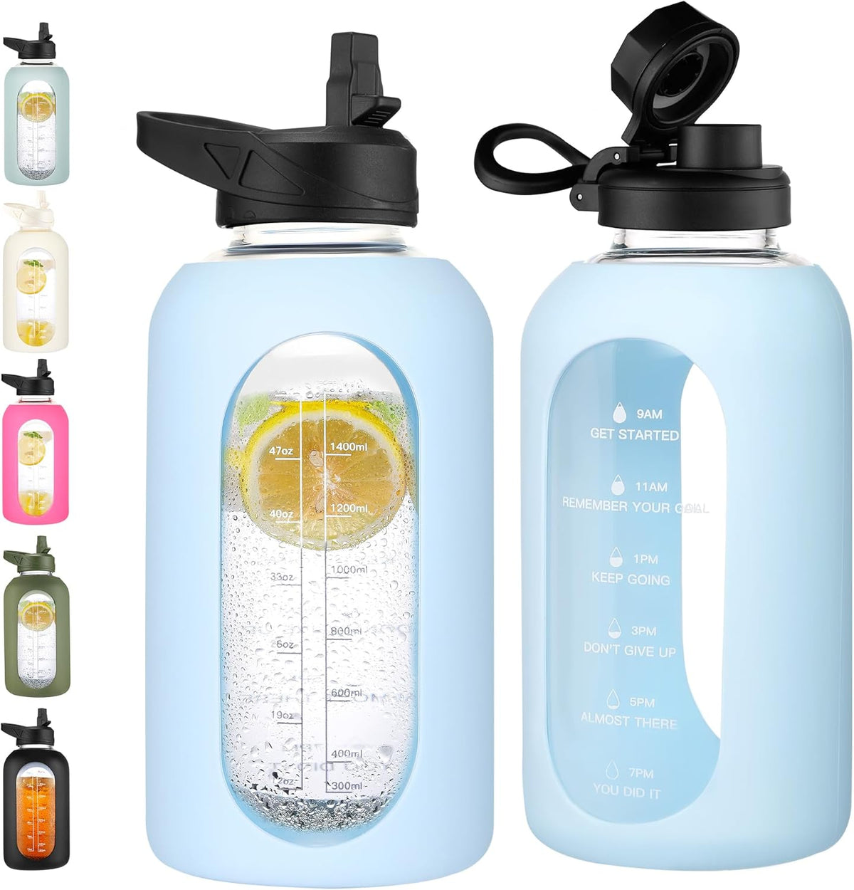 CIVAGO 64 oz Glass Water Bottle Jug with Straw and Handle, Half Gallon Sports Motivational Water Bottle with Time Marker, Wide Mouth Flask Canteen with Silicone Sleeve for Gym, Light Blue