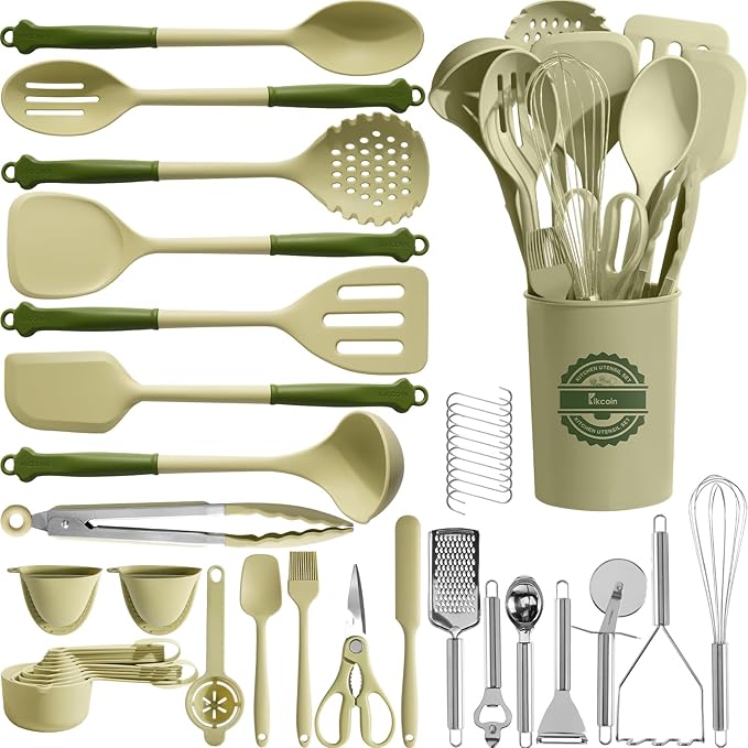 Kikcoin 43Pcs Kitchen Utensils Set - Silicone Cooking Utensil Set, Dishwasher Safe Spatula for Non-stick Cookware, 446°F Heat Resistant Kitchen Gadgets with Holder BPA Free, Avocado Green