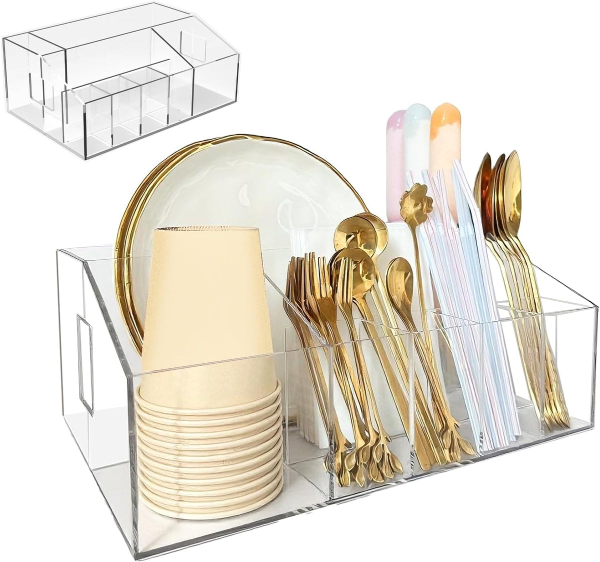 Utensil Holder for Party, Plastic Silverware Holder and Acrylic Cutlery Organizer for Paper Plates, Napkins, Cups, and Silverware - Countertop Caddy for Camping, Picnic, Buffet, Table Entertaining