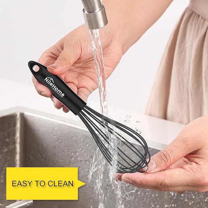 NileHome Upgrade Silicone Whisk Set 8" 10" 12" Kitchen Whisk Kitchen Wisk Wire Whisks for Cooking, Whisking, Blending, Beating, Stirring-Black
