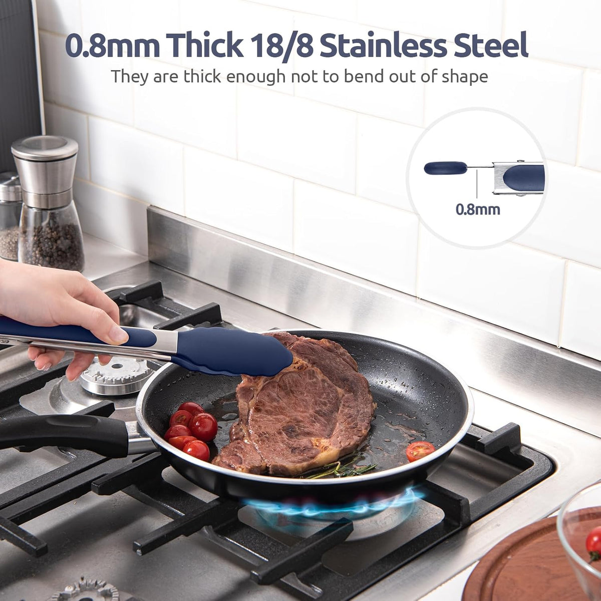 600ºF Heat Resistant Kitchen Tongs: U-Taste 9 in Silicone Cooking Tong with Firm Sealed Non Stick Rubber Tips & Silicon Coated 18/8 Stainless Steel Handle & Smooth Lock for Serving Grill-Midnight Blue