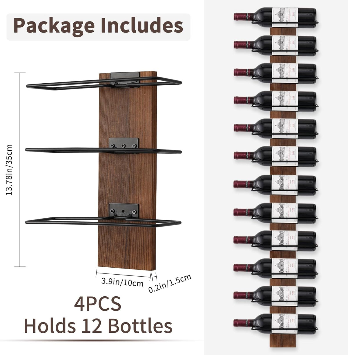 Wine Rack Wall Mounted, Wall Wine Rack for 12 Wine Bottles, Wood Wine Racks for Wall, Wall Mounted Wine Rack for Bar, Cellars, Kitchen, Dining Room