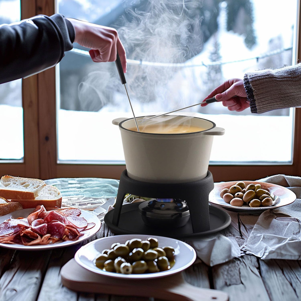 Artestia Cast Iron Fondue Pot Set for Chocolate Cheese Swiss Fondue Set for Meat with 6 Fondue Forks, Cheese Camping Fondue Set Serve 6 Persons(White)
