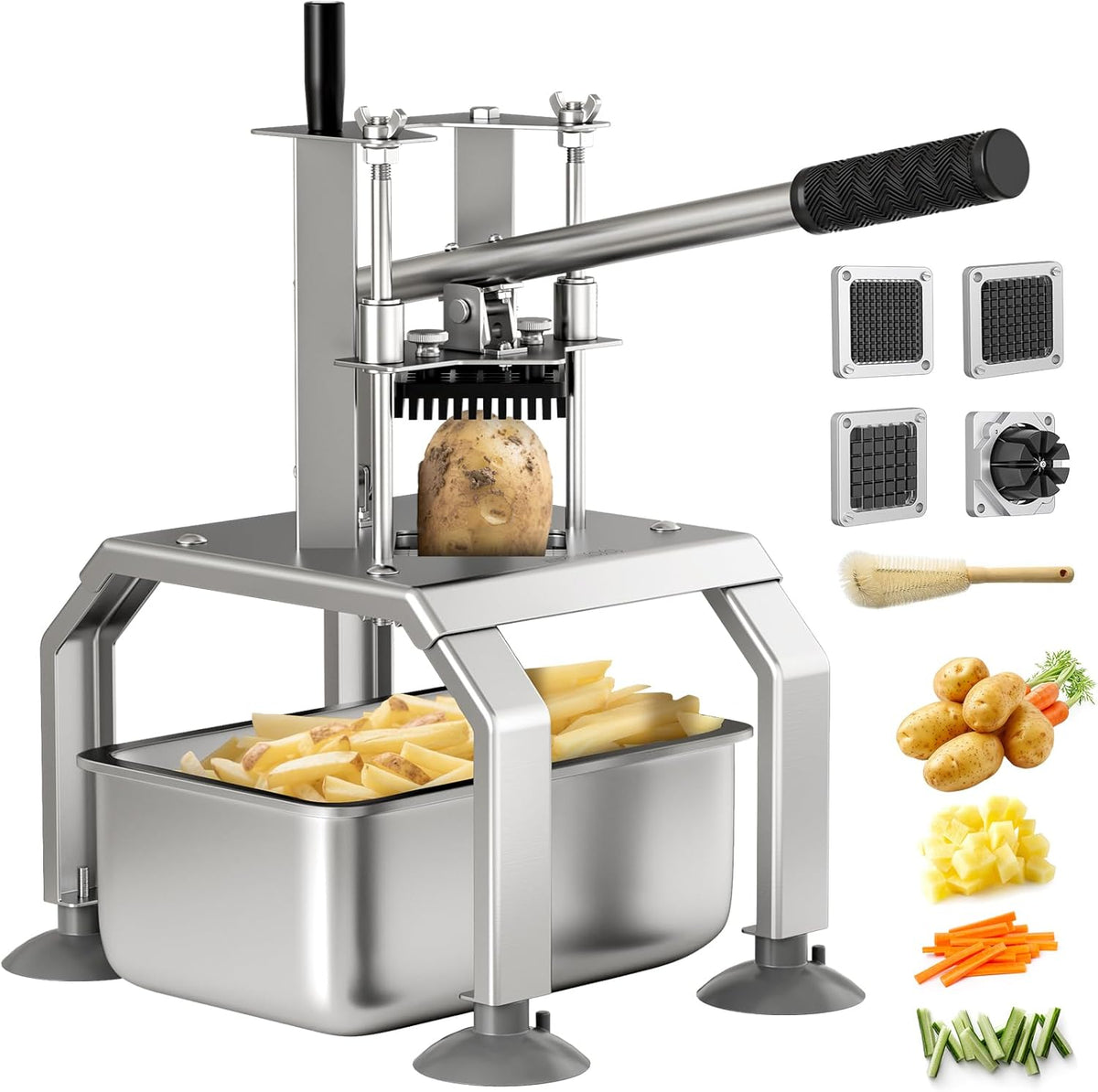 Commercial French Fry Cutter and Vegetable Fruit Dicer with 4 Stainless Steel Blades, Includes 3/8", 1/2", 1/4", and 8-Wedge Blades, Heavy Duty Potato Slicer for Home and Restaurant Use