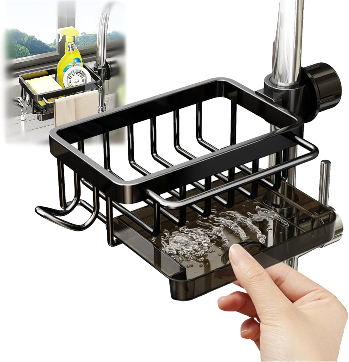 Sink Organizer Rack for Kitchen and Bathroom, 2024 New Stainless Steel Detachable Hanging Faucet Drain Rack with Drip Tray Faucet Sponge Holder for Bathroom, Scrubbers, Soap (Black, Left)