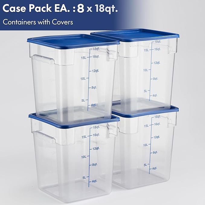 CURTA 8-Pack 18 Qt NSF Clear Polycarbonate Food Storage Containers with Blue Lids - Square, Commercial-Grade, Freezer & Dishwasher Safe, Stackable