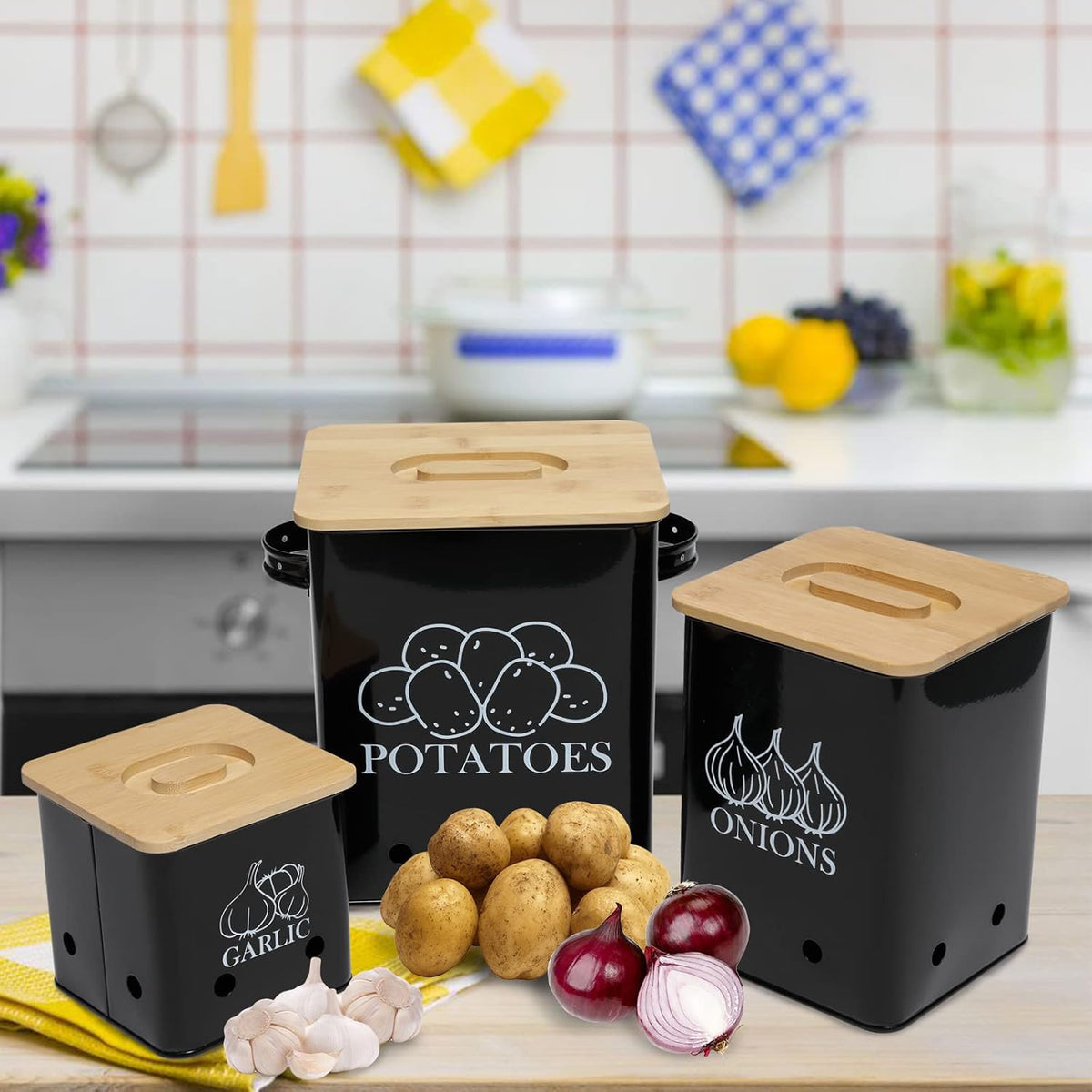Kitchen Canisters Set, Storage Bin for Potato Onion & Garlic, 3 Pack Set Countertop Pots Containers with Wooden Lid - Potato Storage, Garlic Bin, Onion Keeper Tin with Aerating Holes-Black