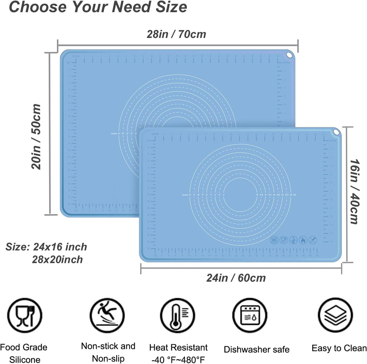 Silicone Pastry Mat 28" x 20" Extra Thick Dough Rolling Mat with Measurements and Edge Heightening, Non-stick Food Grade Silicone Baking Mats for Pastry, Bread, Cookies, Pizza, Fondant, Pasta