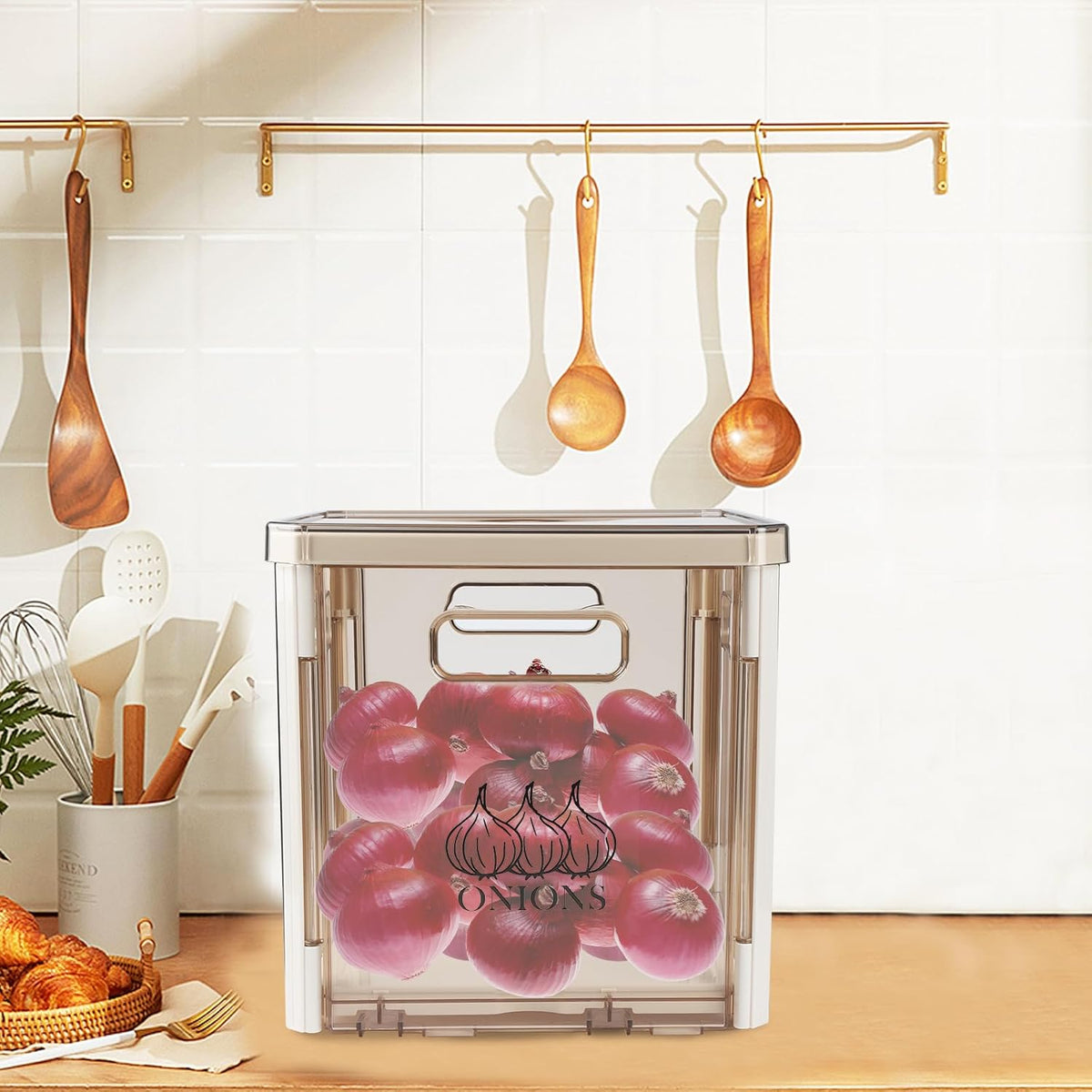 Onion and Potato Storage Container With Lid and Handle, Stackable Plastic Bin for Kitchen Organizers, BPA Free