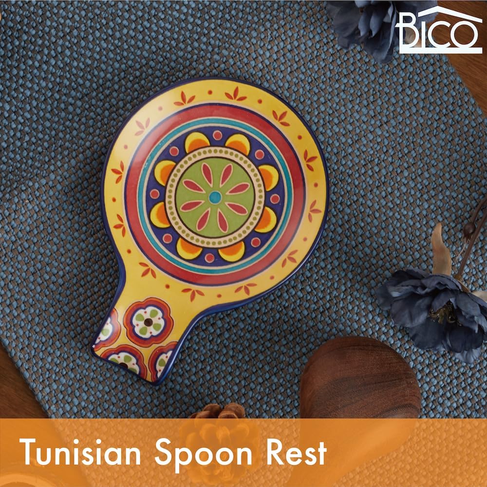 Bico Tunisian Spoon Rest for Stove Top, Ceramic Spoon Holder for Kitchen Counter, Easy to Clean Coffee Spoon Rest Dishwasher Safe, Kitchen Cooking Utensil Rest for Ladles Spatula