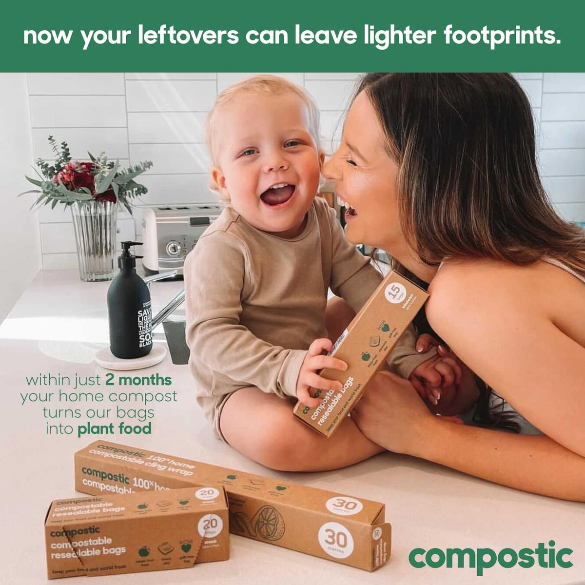 Compostic Home Compostable Resealable Sandwich Bags (7"x7"), Microwave & Freezer Safe, Organic Food Storage Container, 100 Count (Pack of 2)