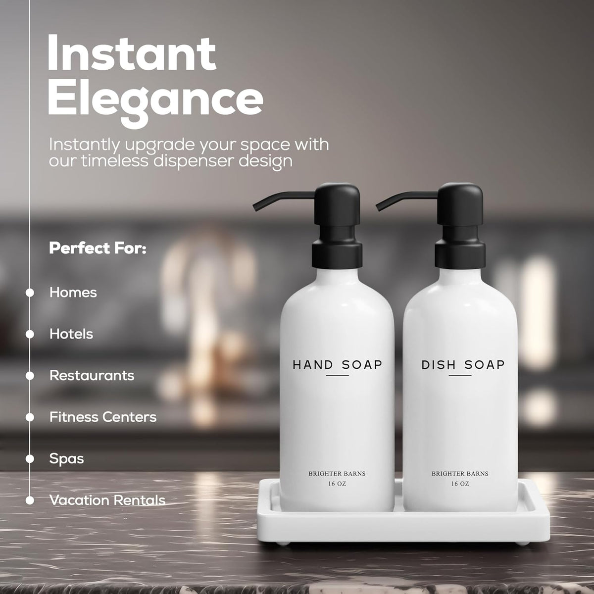 White Glass Hand and Dish Soap Dispenser Set by Brighter Barns - Kitchen Soap Dispenser Set with Tray for Kitchen, Home or Vacation Rental - Modern Kitchen Decor & Accessories (White)