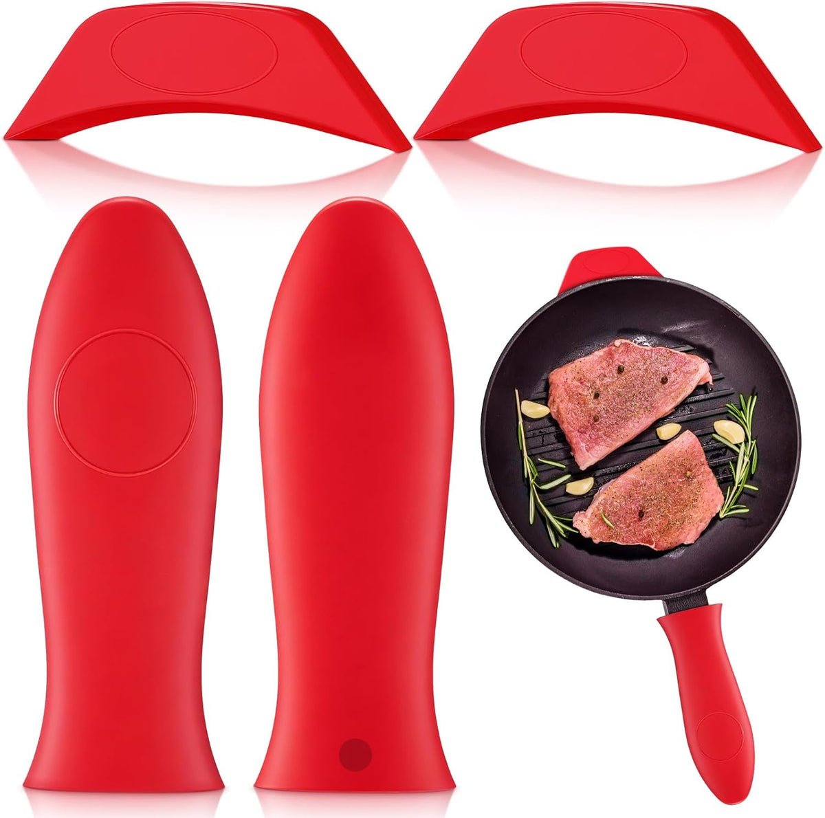 Domensi 4 Pcs Silicone Hot Handle Holder Set Cast Iron Skillet Handle Covers Heat Resistant Silicone Assist Handle Holder for Frying Pans Cast Iron Skillet Griddles Cookware(Red)
