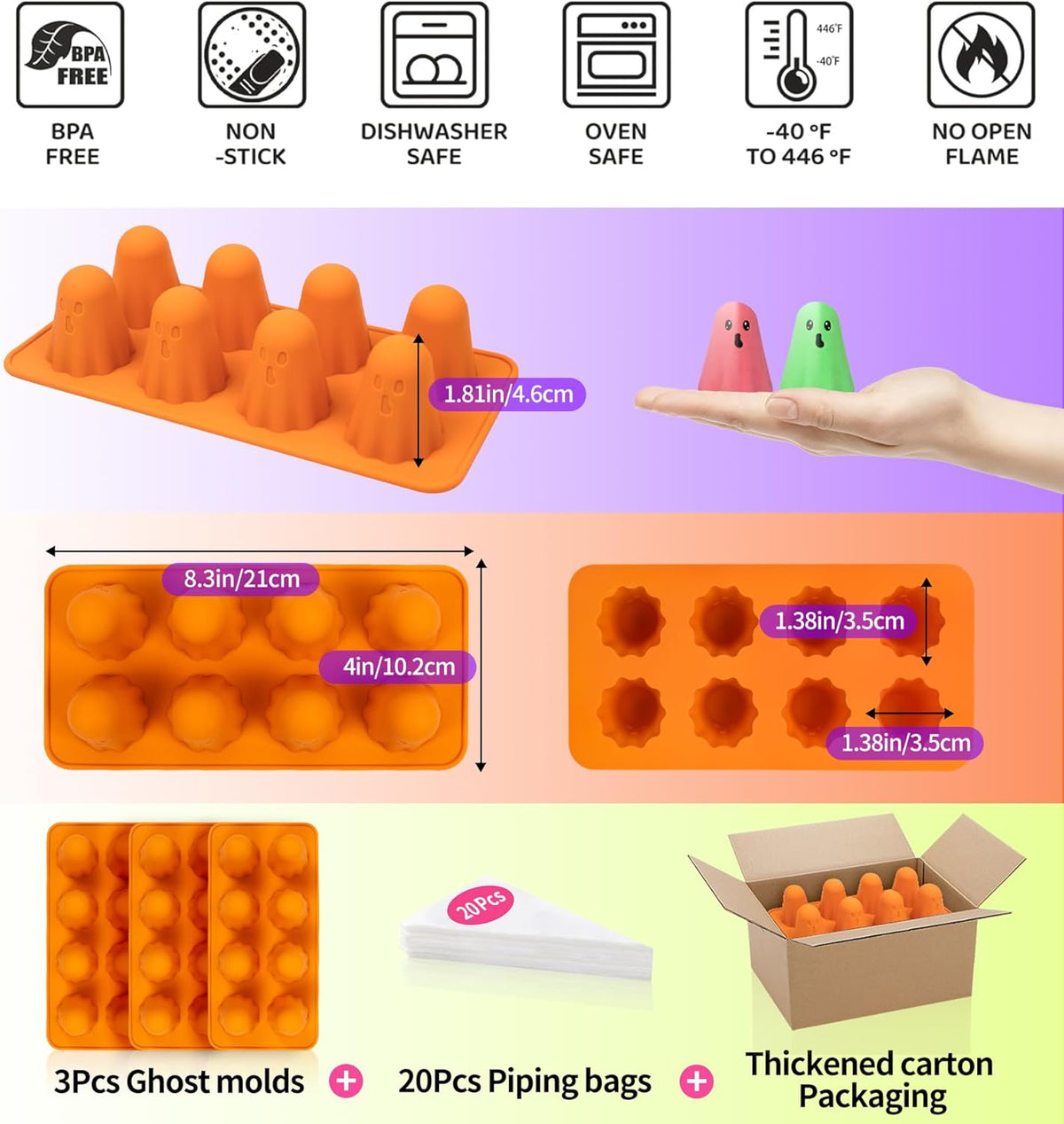 3pcs Halloween Ghost Jello Gummy Baking Silicone Mold with 20 Piping Bags,Halloween Ghost Ice Cake Pop Molds Silicone Non-Stick 3d Jello Shots for Chocolate Gummy Candy Pudding Resin Soap