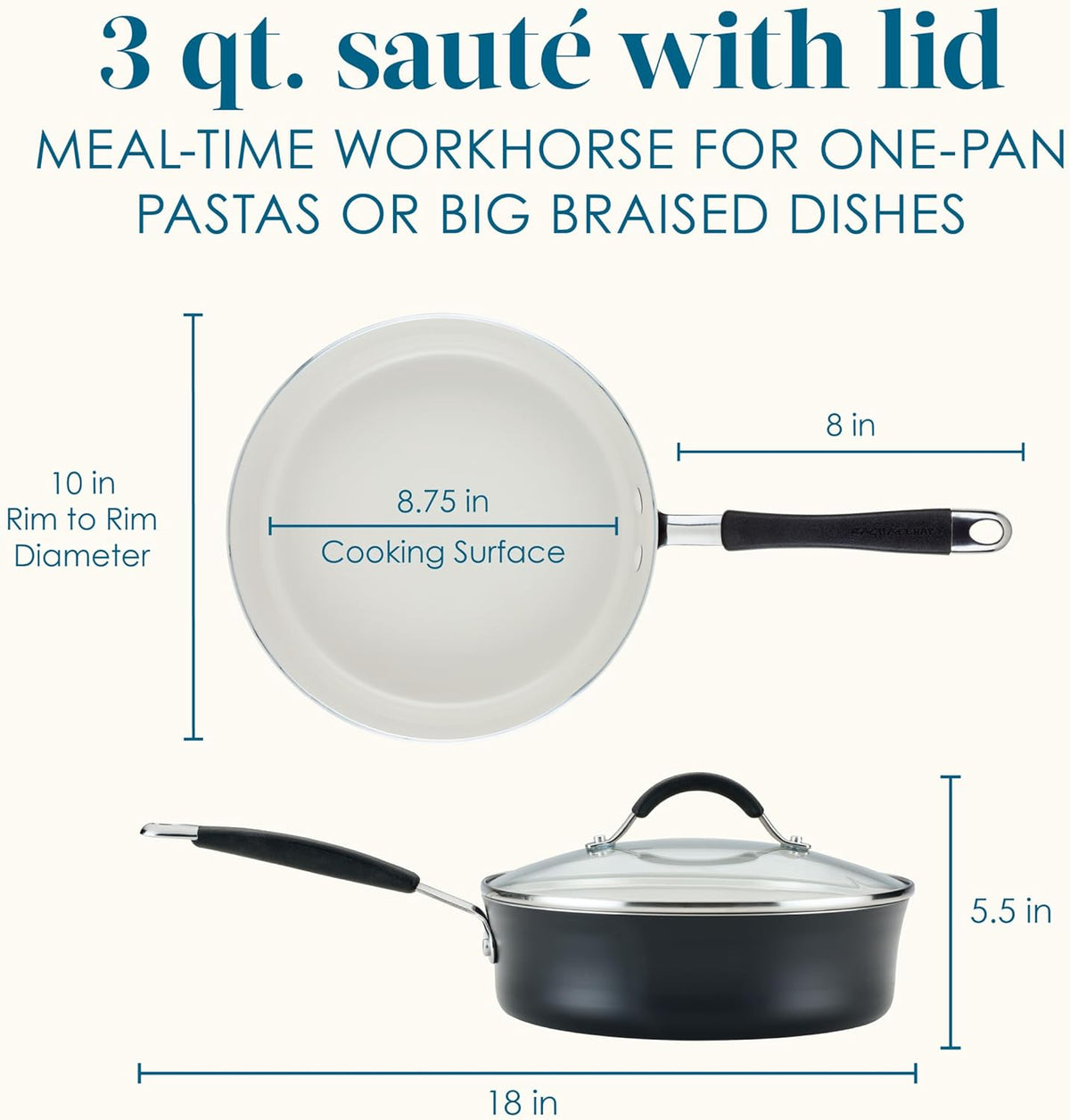 Rachael Ray Cucina Ceramic Nonstick Saute Pan with Lid, 3 Quart Non Stick Sauteuse Pan, Dishwasher Safe - Peppercorn