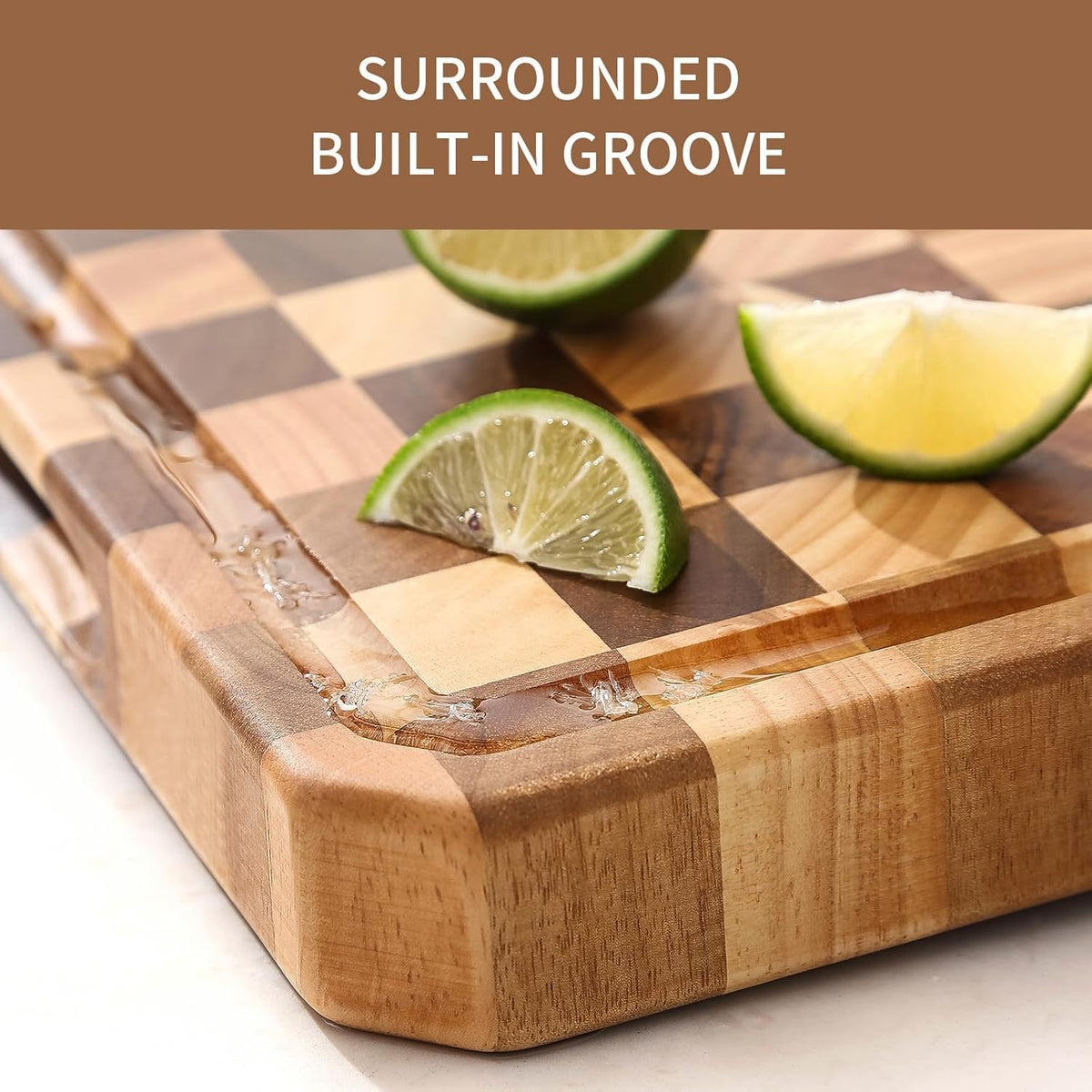 Large wood Cutting Board for Kitchen with Juice Handles ， Chopping Board Cheese Charcuterie Board (Checkered cutting board)