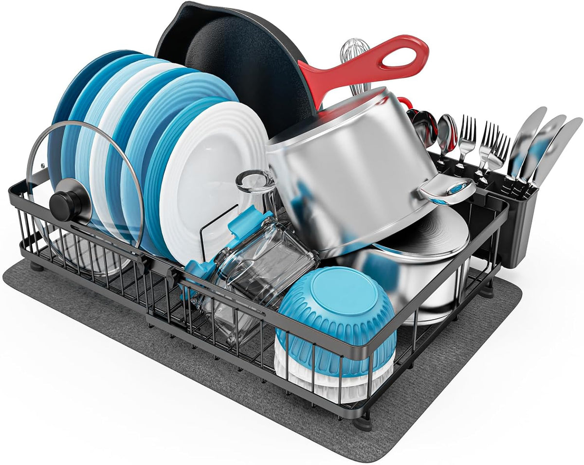 GSlife Large Dish Drying Rack - Full Size Expandable Dish Racks for Kitchen Counter, Rust Resistant Dish Drainer with Absorbent Drying Mat Cutlery Holder, 16.5"-21.3" L x 14.7" W, Black