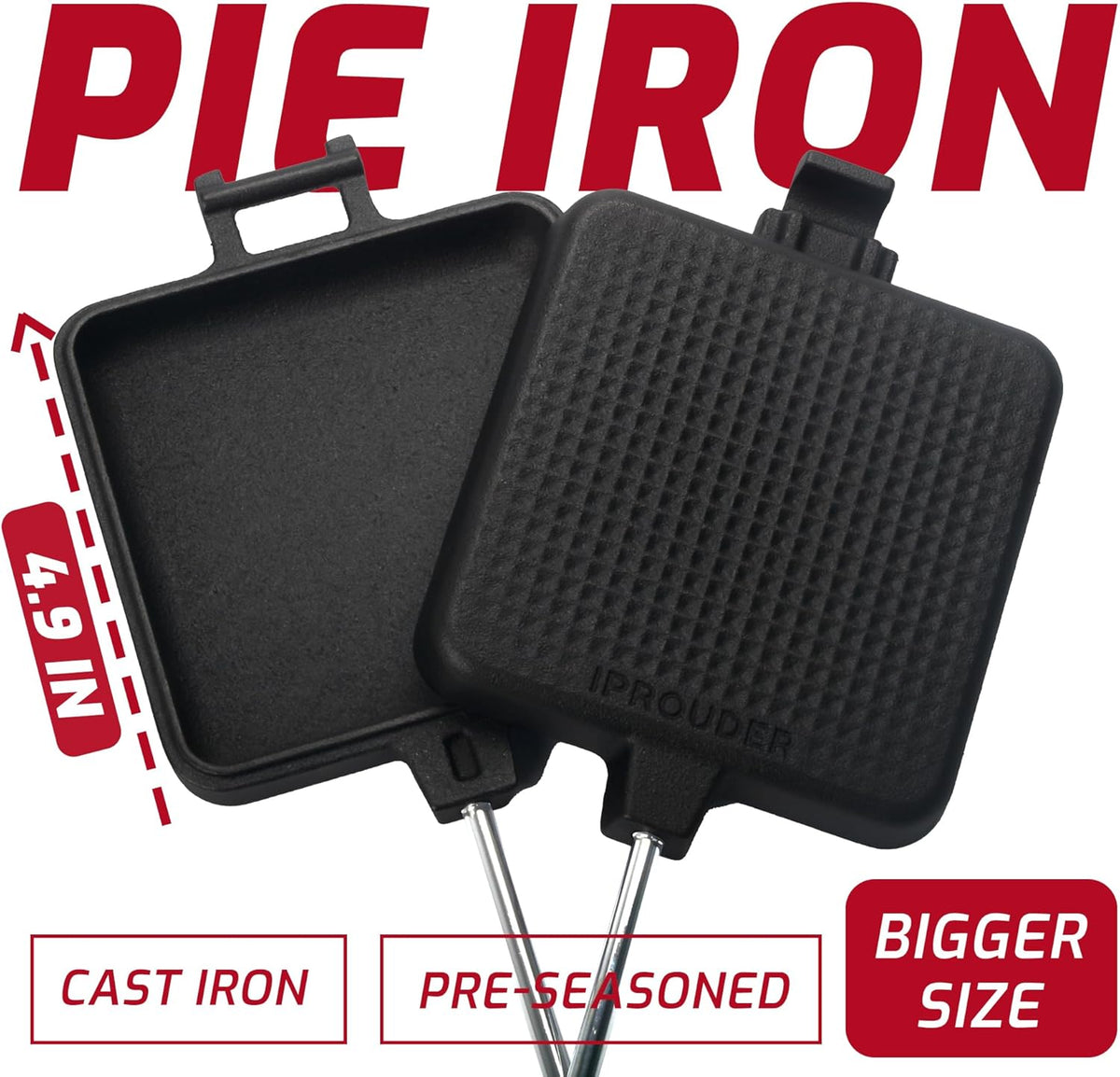 Campfire Pie Iron 4.9" Large Cast Iron Sandwich Maker for Camping 2 Pcs with Storage Bag - 22.6 inch Thickened Handles - Campfire Cooking Equipment for Grilling & Outdoor Cooking
