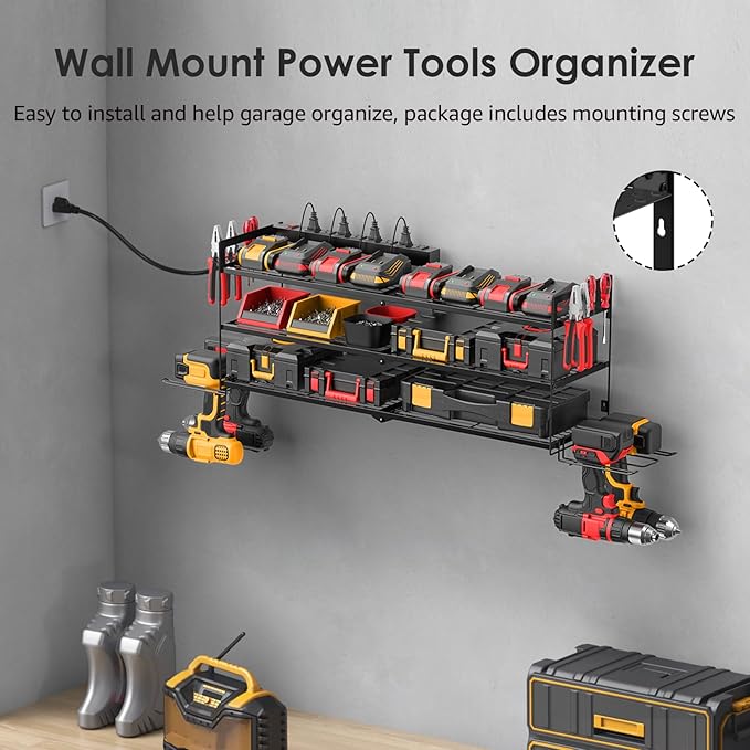 CCCEI Large Garage Tools Storage with Charging Station. Power Tool Battery Organizer Utility Shelf with Power Strip. 4 Drills Holder Wall Mount Rack, Black 3 Layer.
