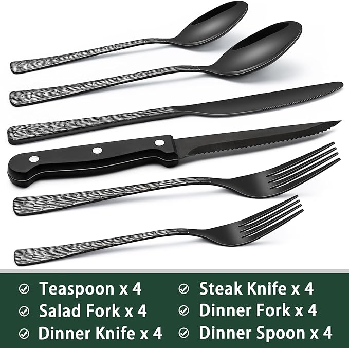 EWFEN 24-Piece Black Silverware Set with Steak Knives, Black Flatware Set for 4, Food-Grade Stainless Steel Tableware Cutlery Set, Mirror Finished Utensil Sets for Home Restaurant, Tree Pattern