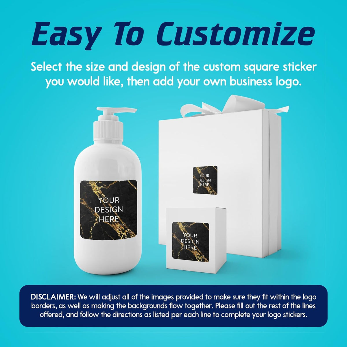 100 Custom Vinyl Stickers - Upload Your own Image, Text, Design, Logo - Personalized Logo Labels for Handmade, Packaging, Bottle, Jars, Candle, Brand Stickers (Black Gold Marble, 6x6 Square)