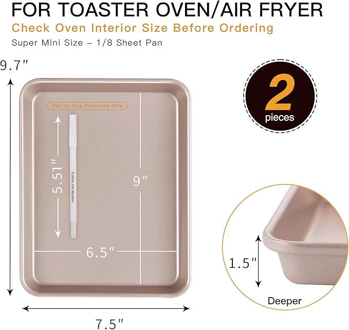 HONGBAKE Toaster Oven Pan Nonstick Set of 2, Premium 1/8 Sheet Pan for Baking, Small Cookie Sheet Tray, Dishwasher Safe and Heavy Duty - Rose Gold