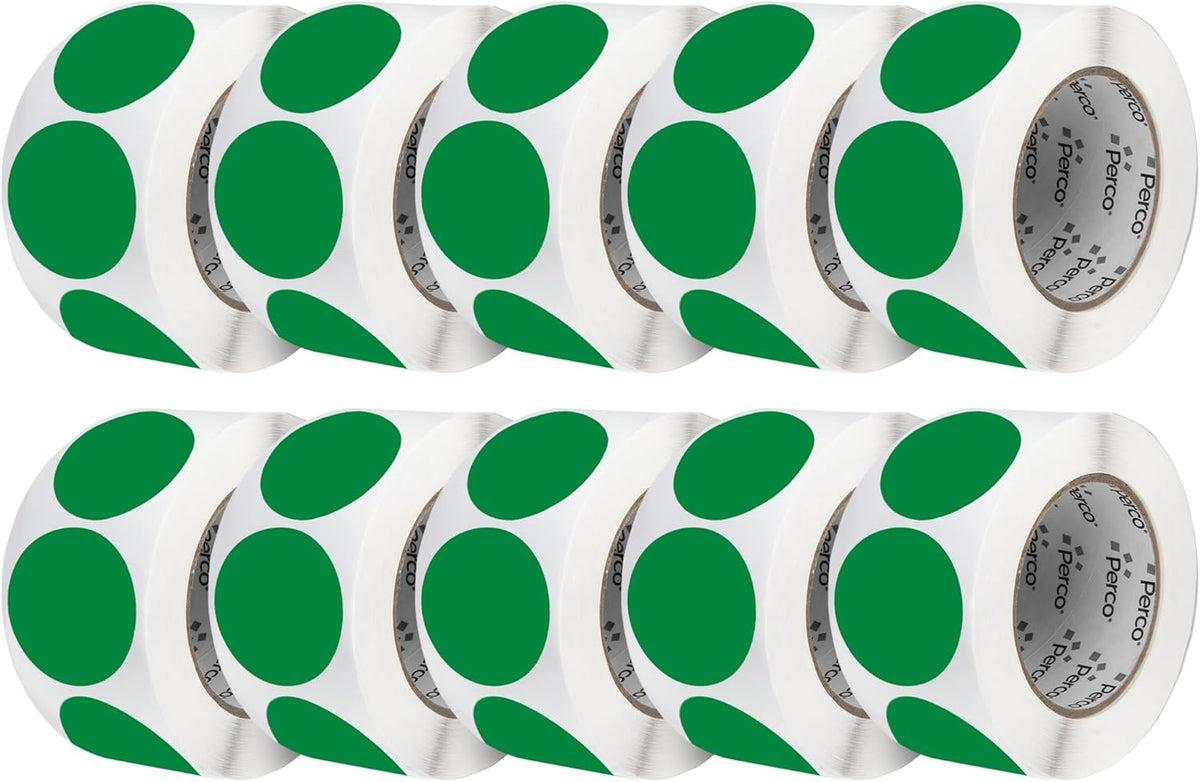 Perco Green 3-Inch Perforated Circle Dot Sticker Labels — 10 Rolls, 5,000 Round Stickers — with Permanent Adhesive for Moving Boxes, Sale Signage, Displays, Status Messaging—Made in USA