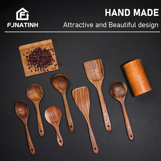 FJNATINH Wooden Spoons for Cooking, 8 Pcs Nonstick Wooden Cooking Utensils Set,Nonstick Natural and Healthy Kitchen Utensil（8 Pcs）