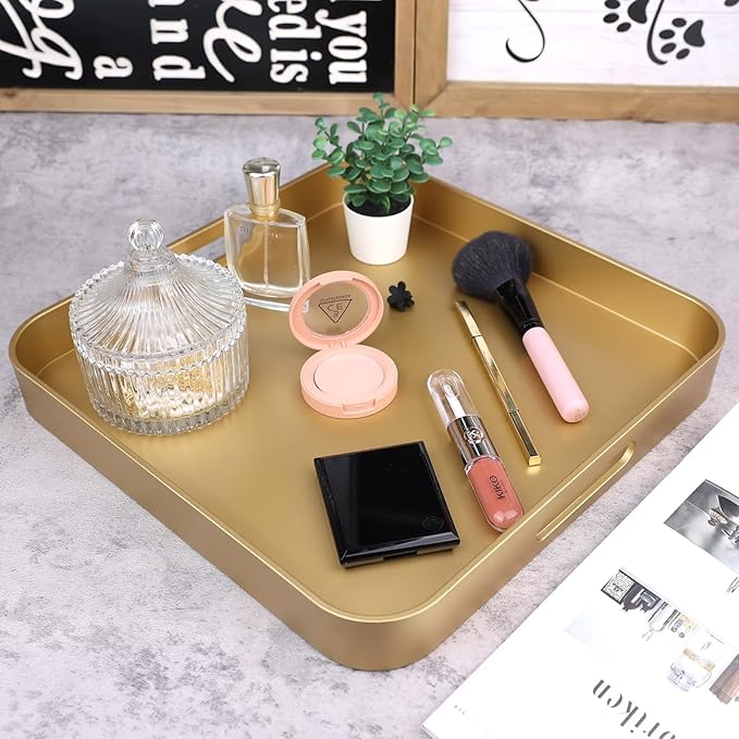 Square Gold Decorative Serving Tray with Handles, Versatile Ottoman Tray for Coffee Table, Entertaining, Outdoor Patio, Living Room, 13”*13”*1.6”