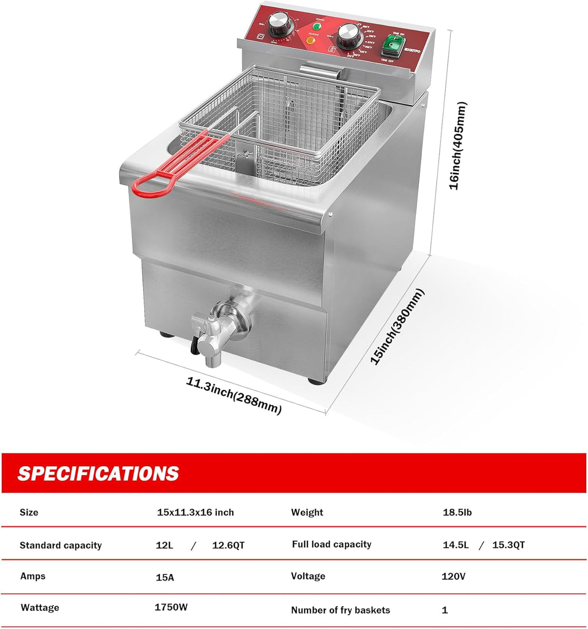 Deep Fryer 12L Large Electric Fryer with Oil Drain and Timer Deep Fryer with Basket and Lid Stainless Steel Countertop fryer Commercial Fryer for Restaurant and Home Kitchen 120V 1750W