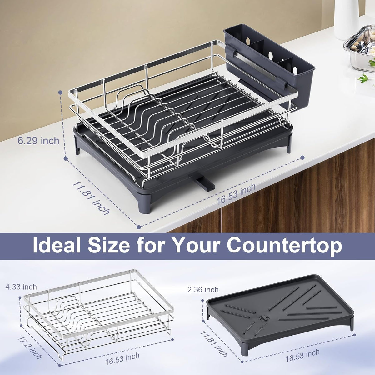 Dish Drying Rack,Rustproof Stainless Steel Dish Rack for Kitchen Counter,Dish Drainer with Cutlery Holder and Removable Drainboard,16.5" D x 11.8" W x 6.29" H