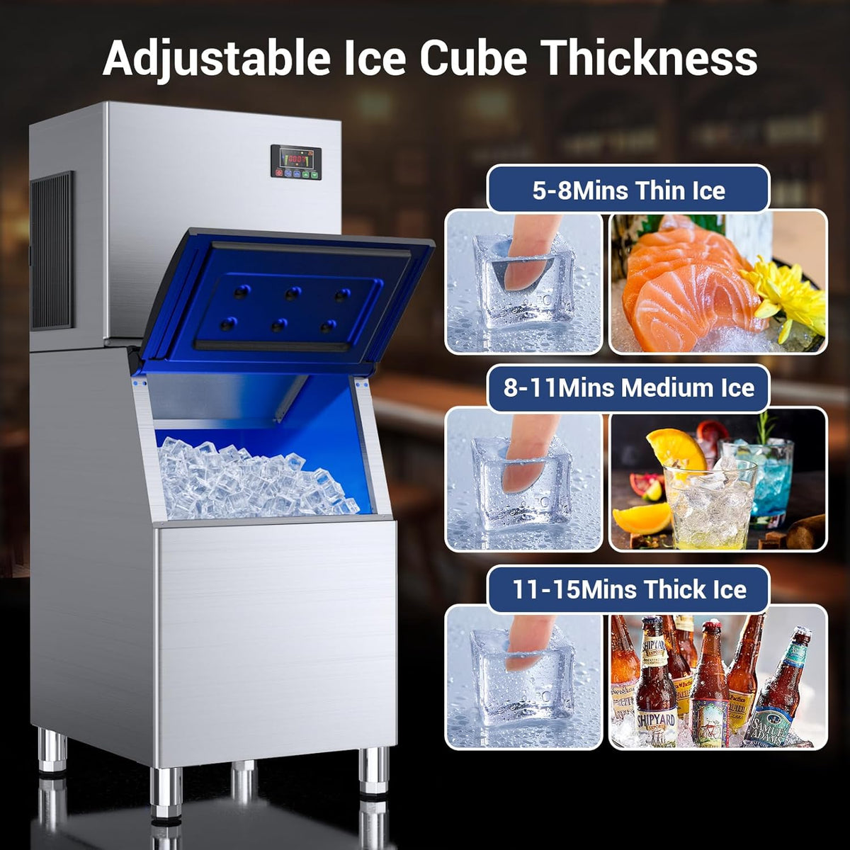 Commercial Ice Machine 500LBS/24H, 350LBS Storage, Ice Ready in 5-15min, Self-Cleaning Stainless Steel Industrial Ice Maker with Timer & Ice Thickness Control for bar Cafe Restaurant Business