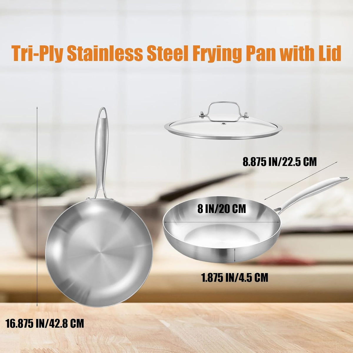 Inqibee 8 Inch Tri-Ply Stainless Steel Frying Pan with Lid,Omelet Pan,Egg Pan,Skillet,Induction Cooking Pan,Dishwasher and Oven Safe