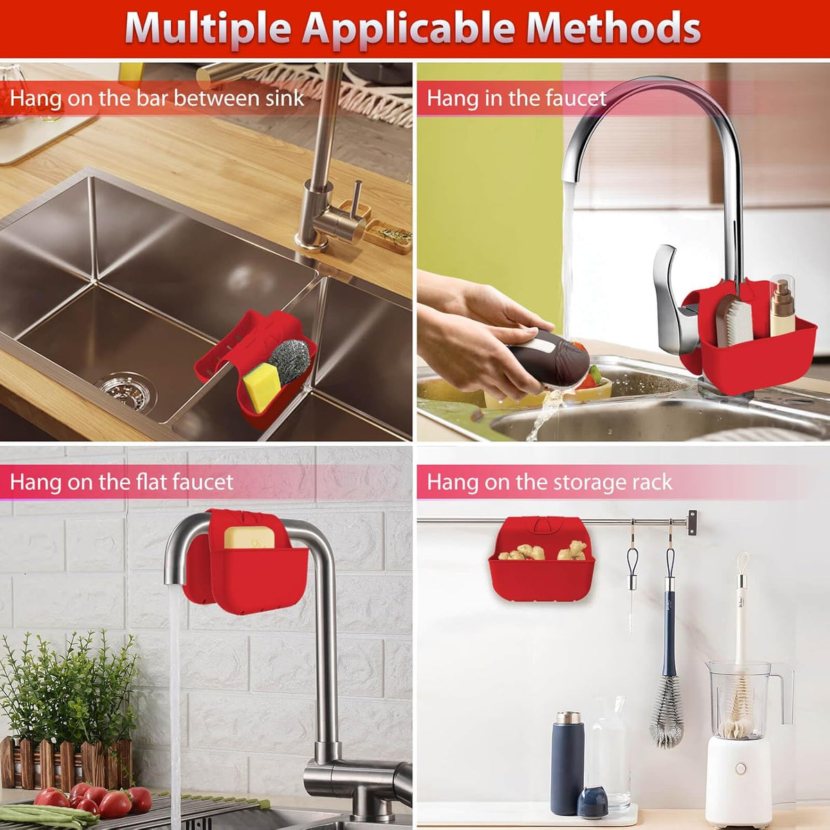 Sponge Holder for Kitchen Sink, Silicone Sink Saddle Caddy Organizer Rack, Sponges Holder Over Faucet, Hanging Kitchen Organizer Accessories Rack Basket Red