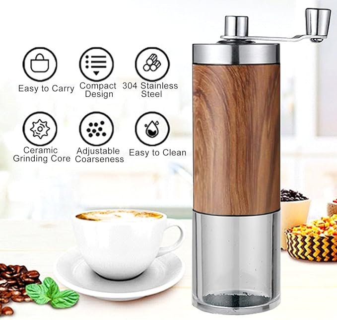 Manual Coffee Grinder, Coffee Bean Grinder with Adjustable Settings, Stainless Steel Hand Coffee Mill, Coffee Grinder Manual for Camping Home and Office (Metallic Wood)