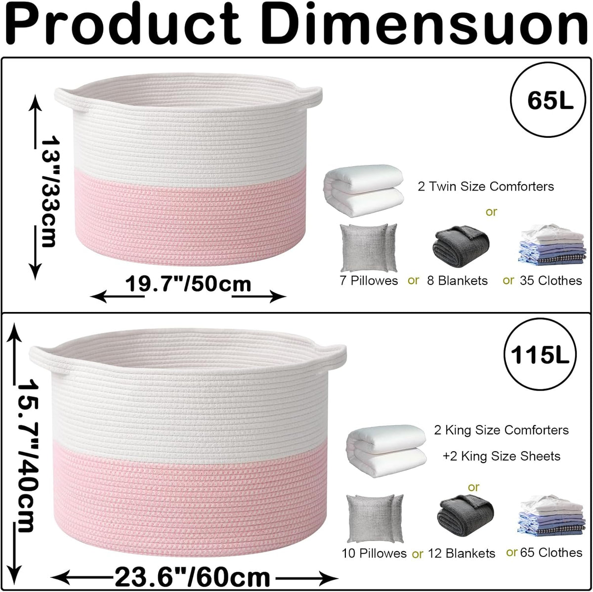 Large Blanket Basket for Organizing,115L Closet Organizers and Storage Bins Box for Shelves Woven Rope Storage Baskets,Living Room,Bedroom,Dorm,Laundry room (White&Pink)