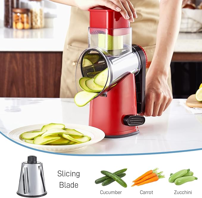VEKAYA Cheese Grater, Cheese Grater Hand Crank, 4 Interchangeable Blades Cheese Shredder, Vegetable Slicer, Non-slip Suction Base, Easy to Clean Rotary Grater with Handle (Red)