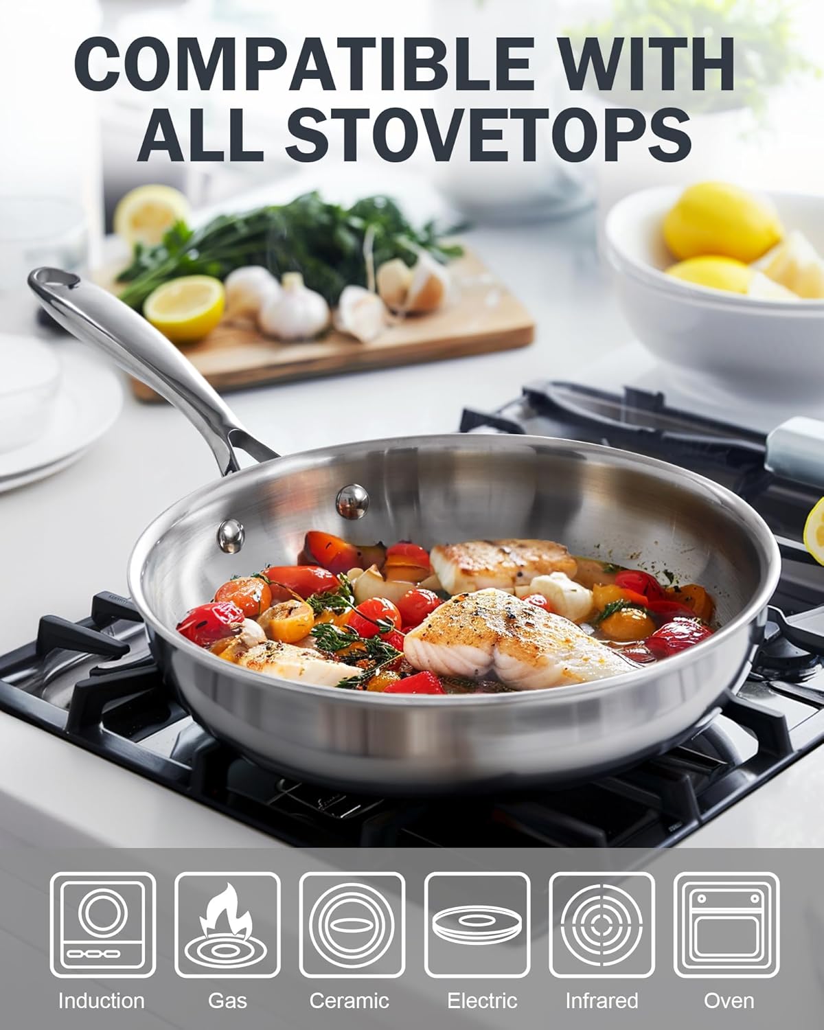 Cooks Standard Stainless Steel Frying Pan 12 Inch, Multi-Ply Full Clad Wok Stir-Fry Cooking Skillet Pans with Dome Lid, Stay-Cool Handle, Dishwasher Safe, Oven Safe 500°F, Silver