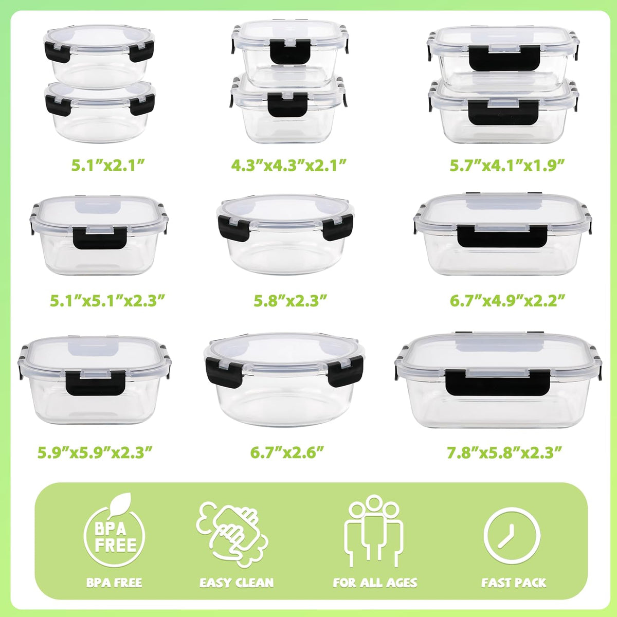 kakw12 Packs Glass Food Storage Containers,Glass Meal Prep Container for Lunch,can be used in the Microwave, Oven, Freezer and Dishwasher,with Upgraded Snap Locking Lids. (12 Packs)