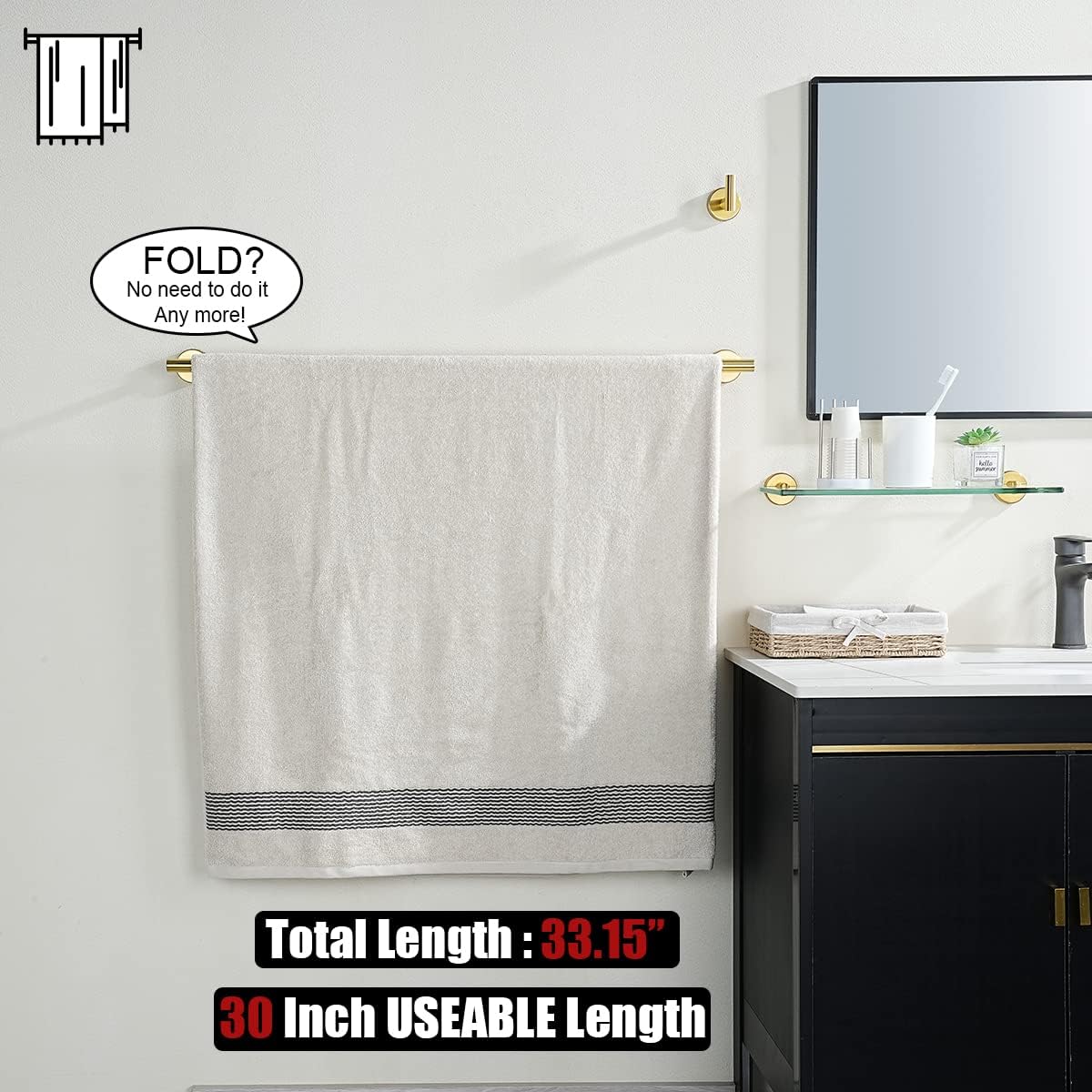 JQK Gold Towel Bar, 33 Inch 304 Stainless Steel Thicken 0.8mm Towel Rack Bathroom, Towel Holder Brushed Golden Wall Mount, Useable Length 30 Inch 2 Pack, TB110L30-BG-P2