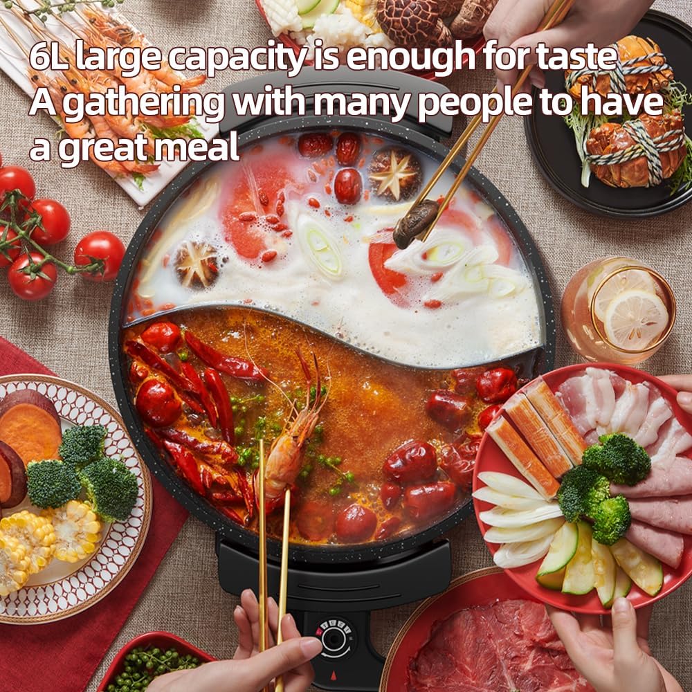 AORAN 6L Electric Hot Pot, Non-Stick Smokeless Cooking Pot with Divider for Hot Pot, Fondue, Shabu Shabu, Multi-Function, Includes Ladle, Tongs, Oil Brush, Food Tongs, Easy to Clean Black