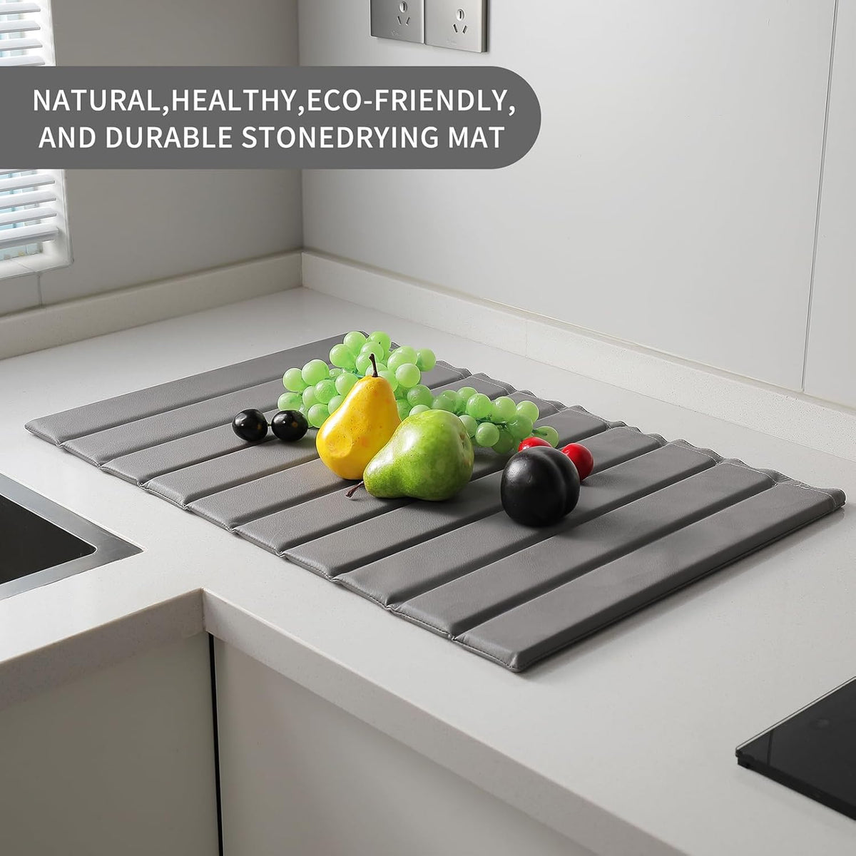 Stone Dish Drying Mat with PU Leather Surface for Kitchen Counter, Water-Absorbent Collapsible Roll up, Quick Dry, Non-Slip for Cups Dishes Bottles,Removable and washable(Medium Gray, 23.6”x15.4”)