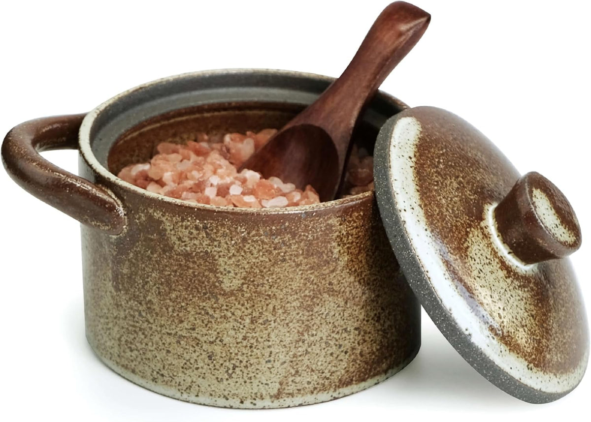 Handcrafted Speckled Ceramic Salt Cellar with Wooden Spoon, Rustic Vintage Spice Jar, Dishwasher Safe, 8.45 fl oz (Peckled Ceramic)
