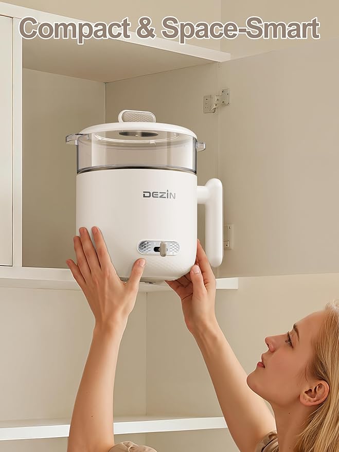 Dezin Electric Pot with Steamer, 1.8L Dual Power Ramen Cooker, Portable Non-Stick Hot Pot Electric for Soup, Pasta, Egg, Oatmeal, Overheat & Boil-Dry Protection, Ideal for Dorm, Office(Beige)