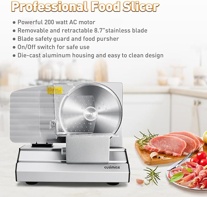 Meat Slicer,CUSIMAX Electric Deli Meat Slicer with 2 Removable 8.7''Stainless Steel Blades,Removable Food Carriage,1-20mm Adjustable Thickness Food Slicer for Home,Easy for Cut Meat,Cheese,Bread