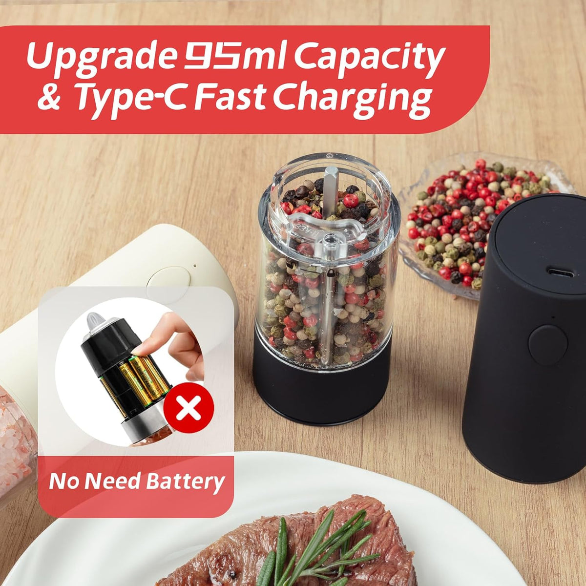 Electric Salt & Pepper Grinder Set (2 Pack) – USB Rechargeable, Adjustable Coarseness, One-Handed Operation with LED Light – Automatic Spice Mill Shaker for Kitchen, Dining, or Camping