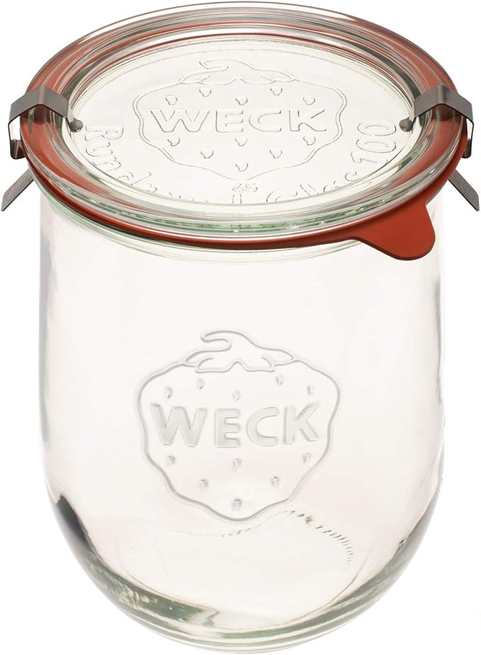 Weck Tulip Jar - Sour Dough Starter Jars for Sourdough - 1 x WECK 745 Large Clear Jar with Wide Mouth - 1 Liter Includes Glass Lid, rubber seal and steel clips