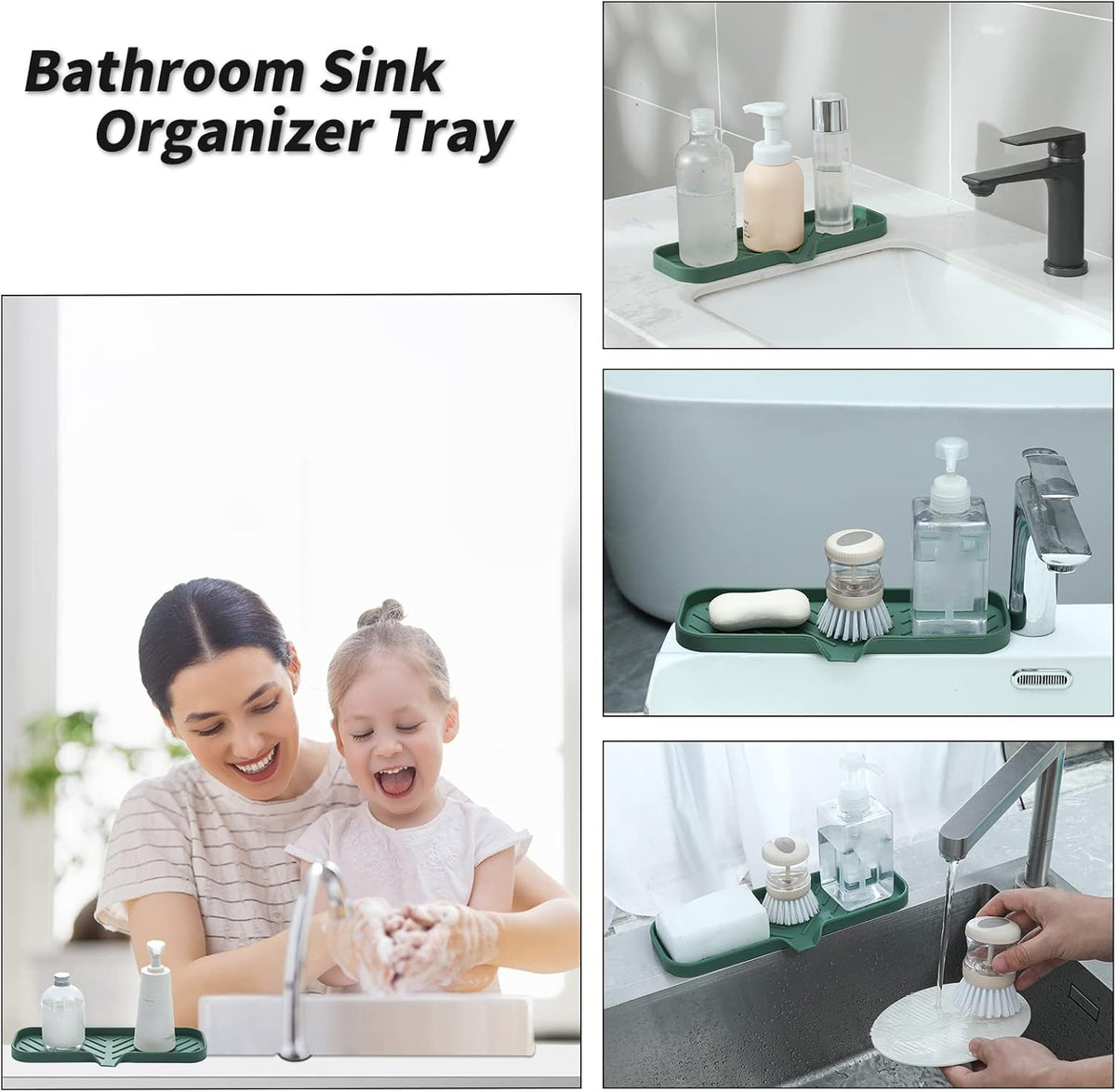 Silicone Bathroom Soap Dishes with Drain Spout-Bathroom and Kitchen Sink Organizer,Sponge Holder,Dish Soap Tray,Perfect for Dispenser,Scrubber,Bottle,Cup on Sink or Counter-Green 12"×4"